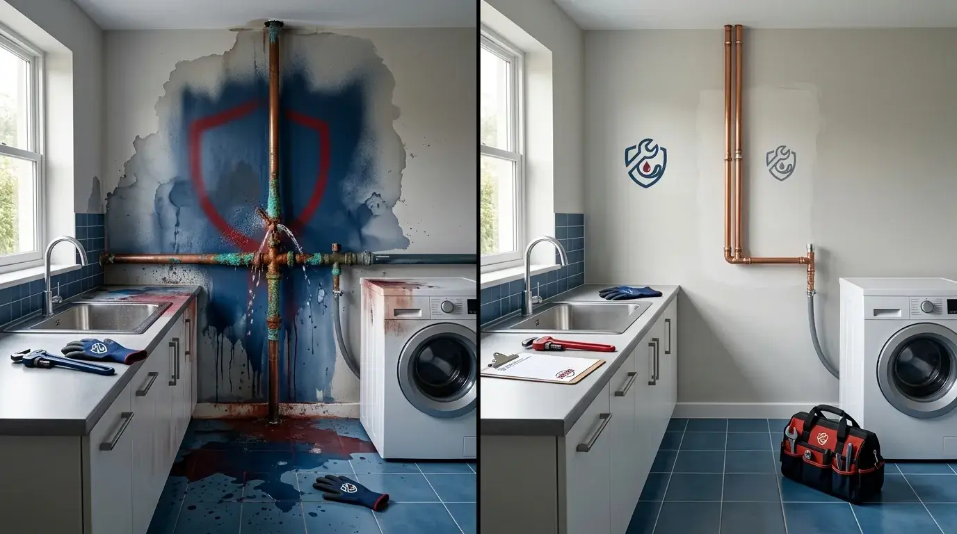 Before and after: water-damaged laundry room wall repaired with new copper piping