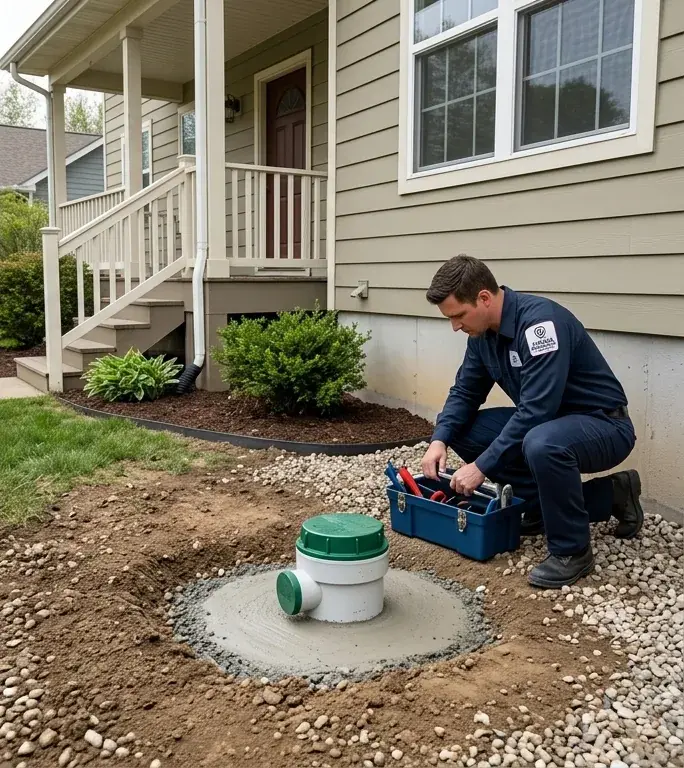 Technician installing a new sealed access basin in a cleaned-up yard