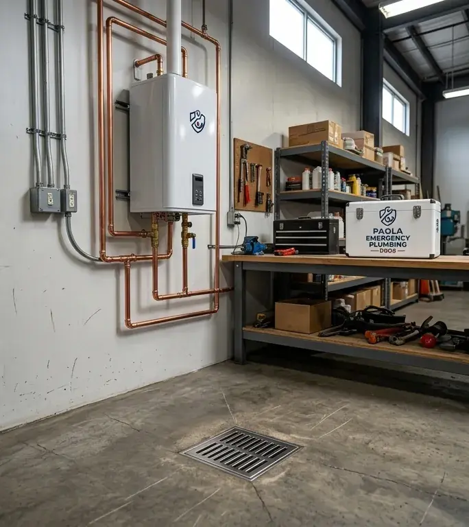 New wall-mounted tankless water heater with fresh copper piping