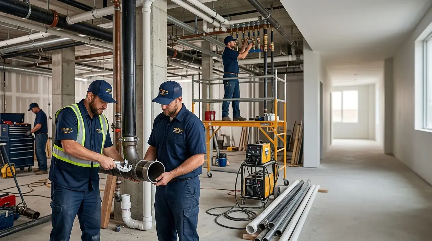 Plumbing crew fitting large drain pipe in a commercial building under construction