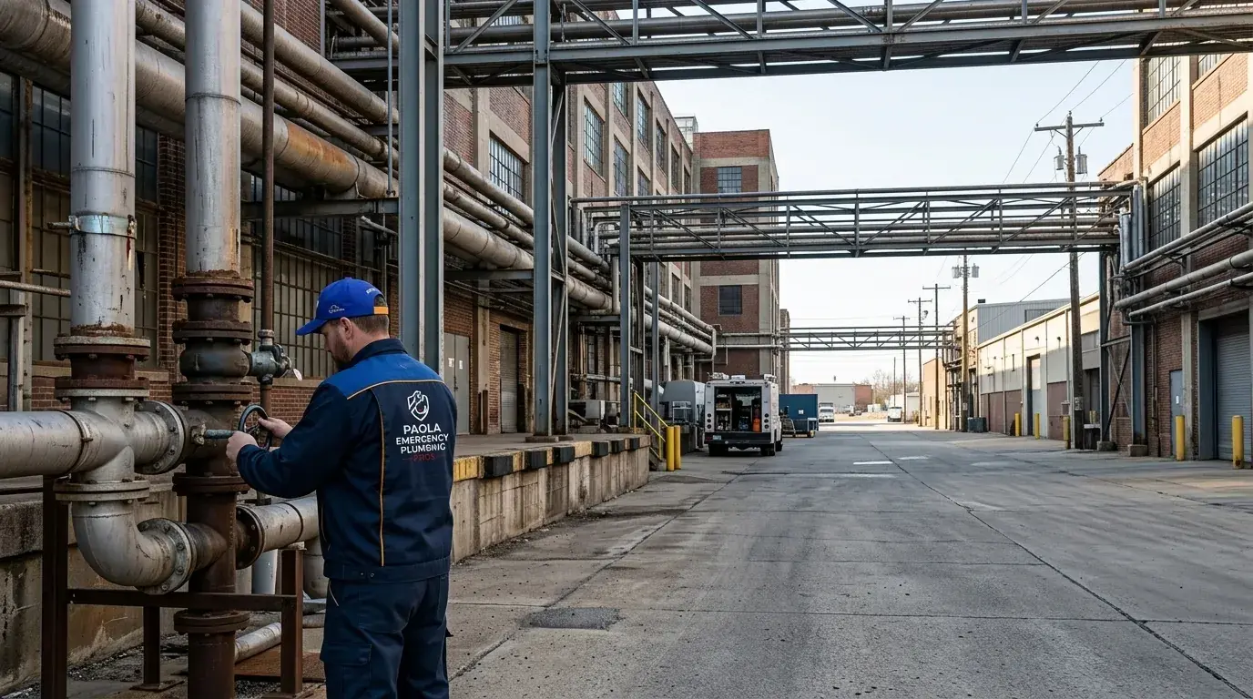 Plumber working on industrial pipework outside a commercial building
