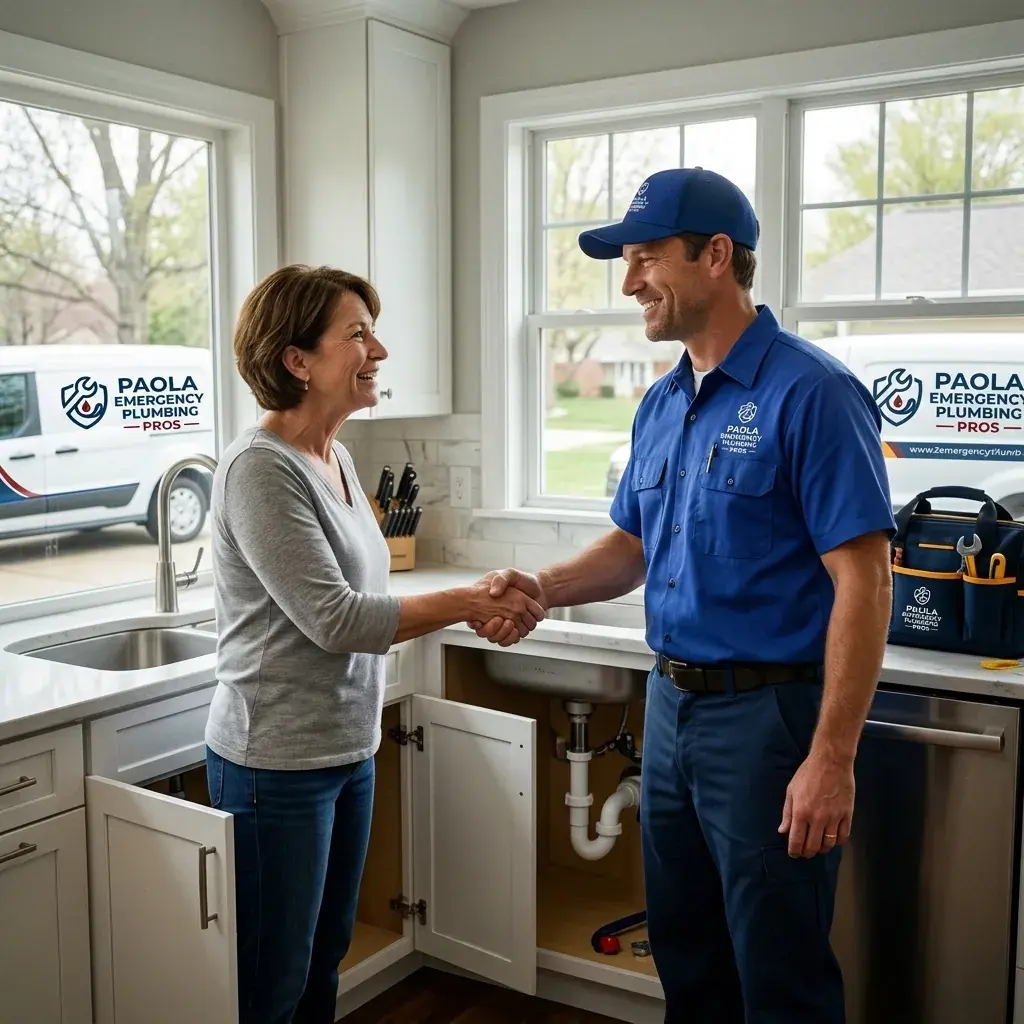 Plumber shaking hands with a homeowner at a kitchen sink cabinet