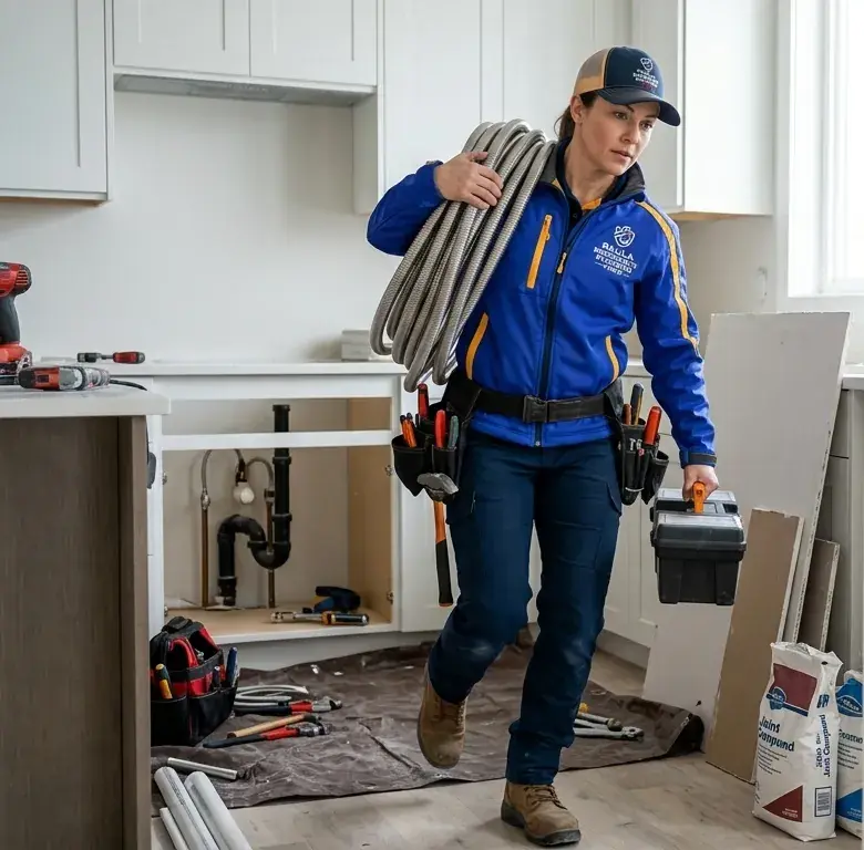 Plumber carrying a hose and toolbox through a kitchen renovation with exposed under-sink plumbing