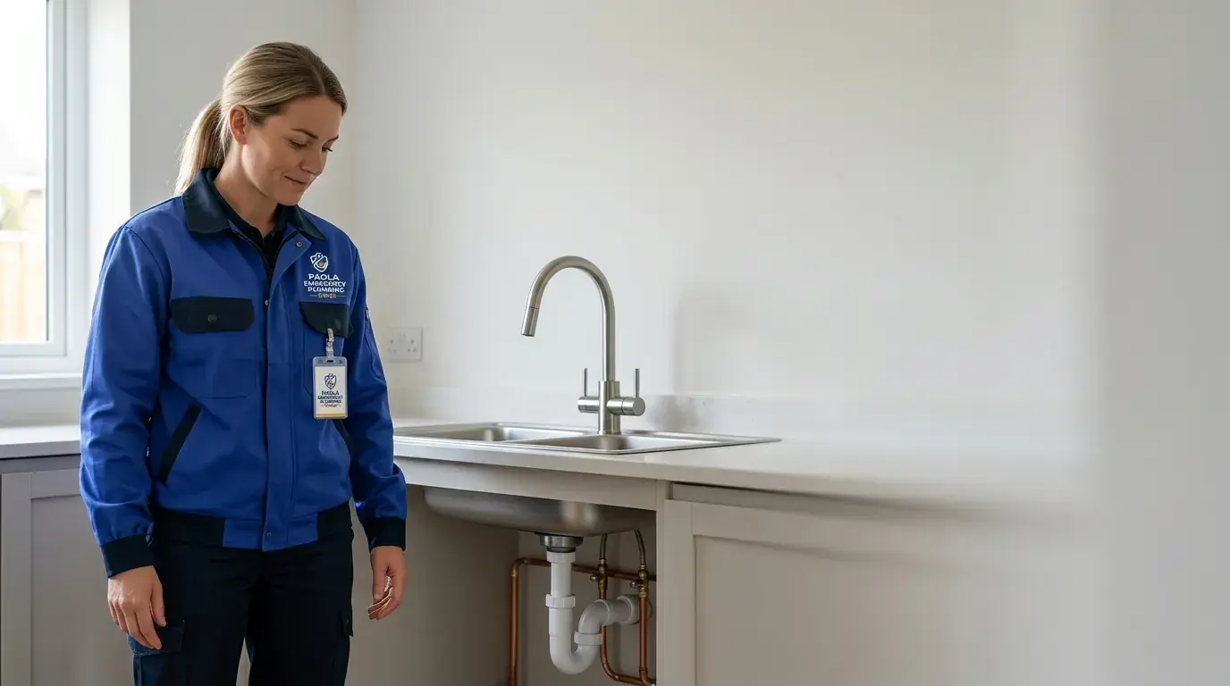 Plumber standing beside a new kitchen sink and faucet installation